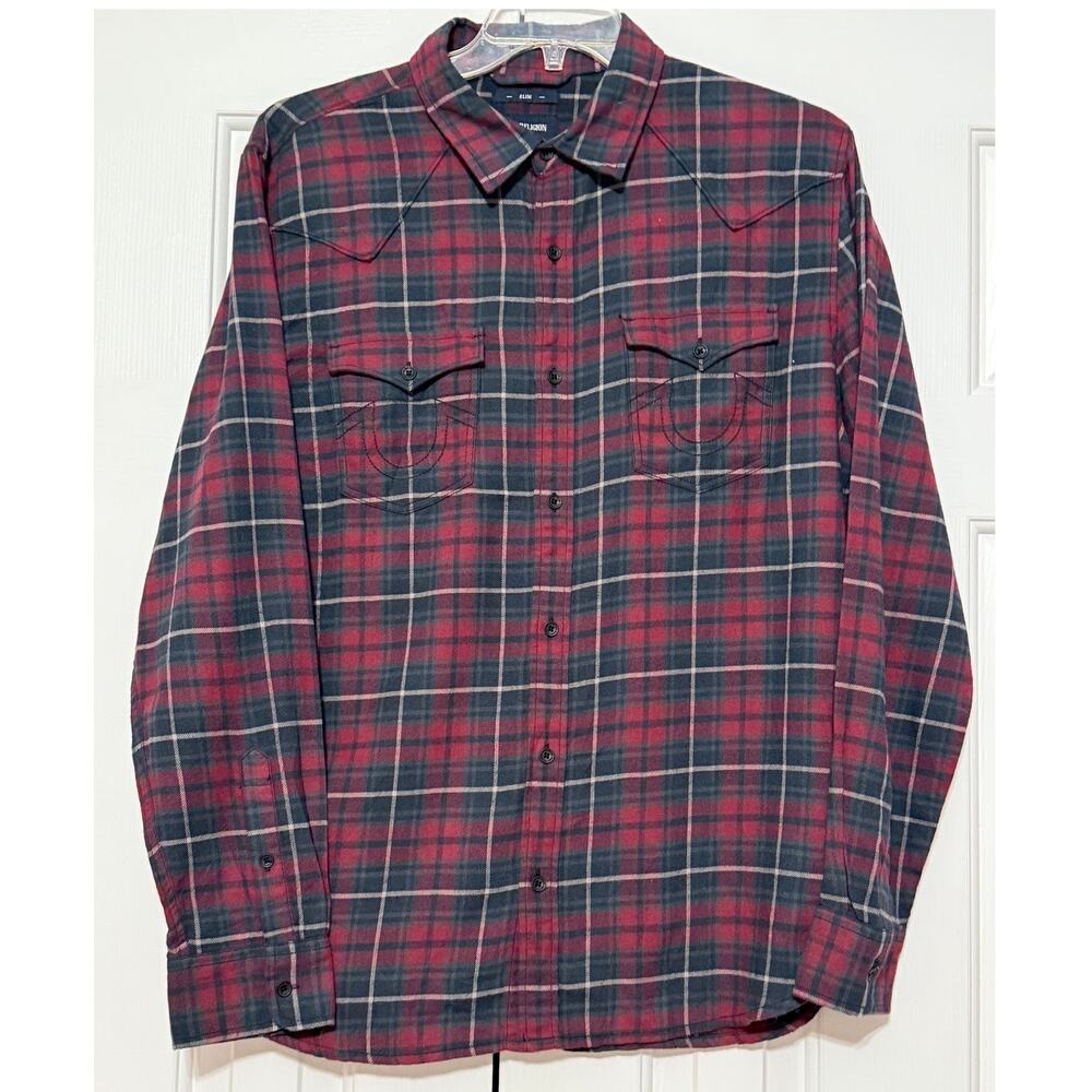 True Religion Men's Flannel Plaid Button Up Western Shirt, Size L